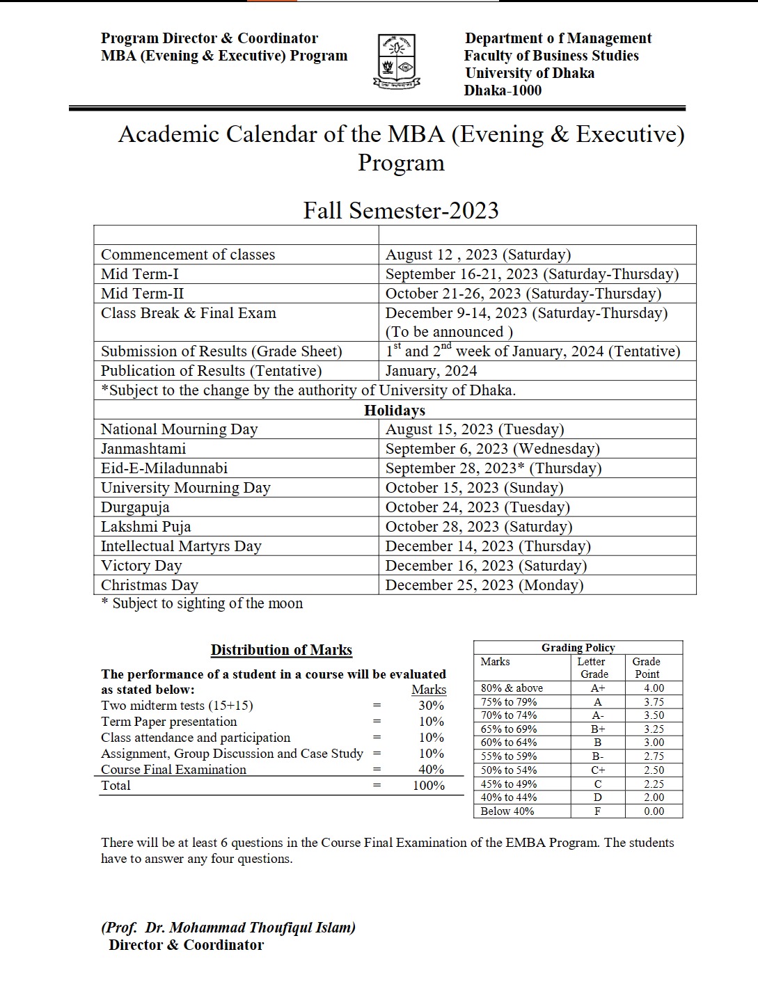 Academic Calendar of the MBA (Evening & Executive) Program, DU